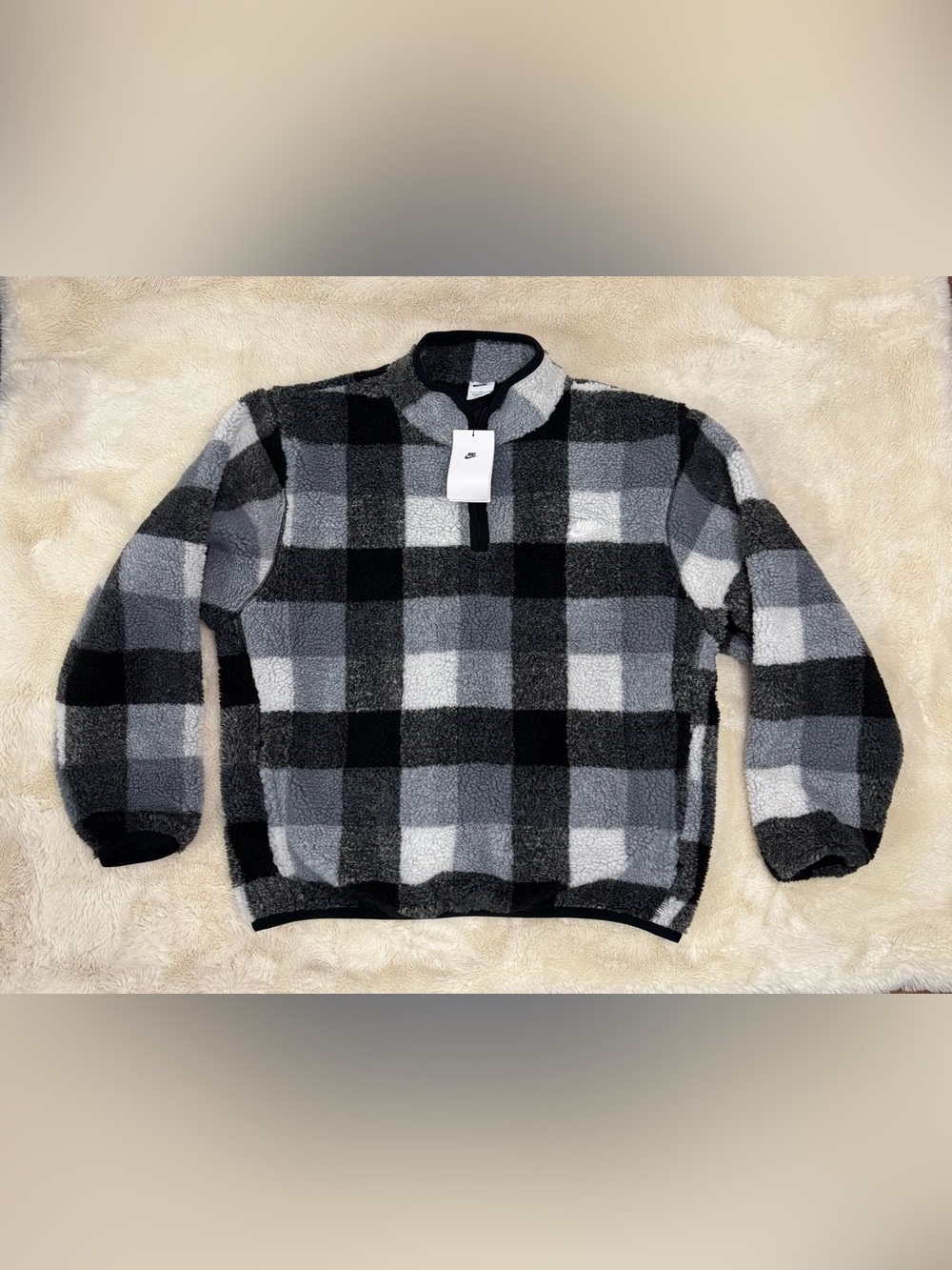 Nike Men's Black & Gray Plaid Sherpa Quarter-Zip Pullover